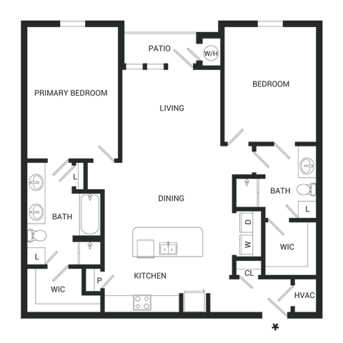 Floor plan for 2 beds, 2 baths, 1292 sqft